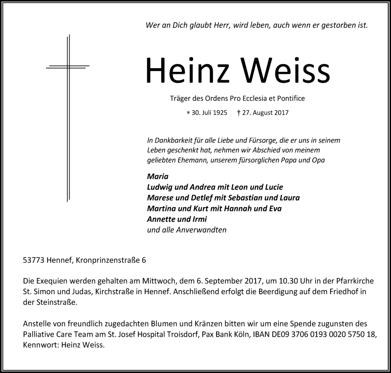  Traueranzeige für Heinz Weiss vom 30.08.2017 aus Kölner Stadt-Anzeiger / Kölnische Rundschau / Express