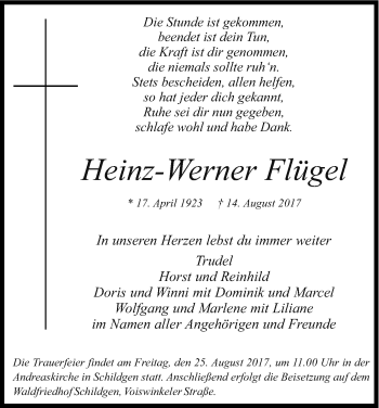 Anzeige von Heinz-Werner Flügel von Kölner Stadt-Anzeiger / Kölnische Rundschau / Express