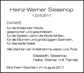 Anzeige von Heinz-Werner Siesenop von  Schlossbote/Werbekurier 