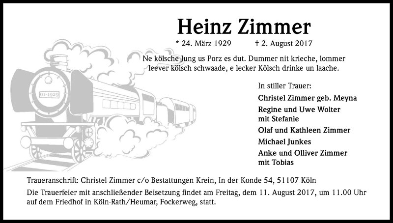  Traueranzeige für Heinz Zimmer vom 05.08.2017 aus Kölner Stadt-Anzeiger / Kölnische Rundschau / Express