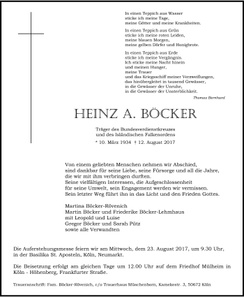 Anzeige von Heinz Adam Böcker von Kölner Stadt-Anzeiger / Kölnische Rundschau / Express