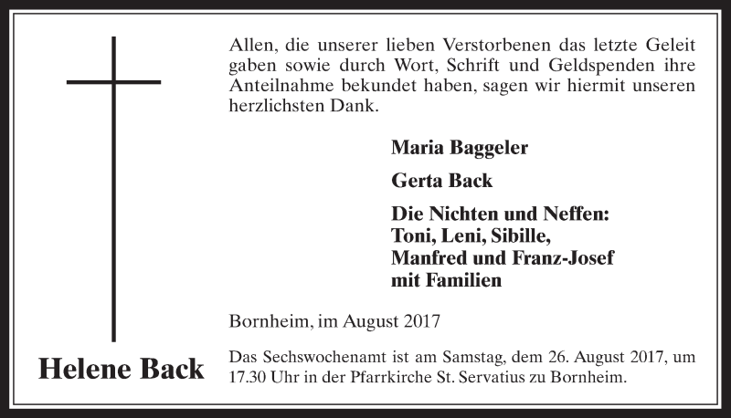  Traueranzeige für Helene Back vom 16.08.2017 aus  Schaufenster/Blickpunkt 