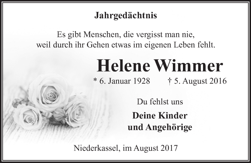  Traueranzeige für Helene Wimmer vom 02.08.2017 aus  Extra Blatt 