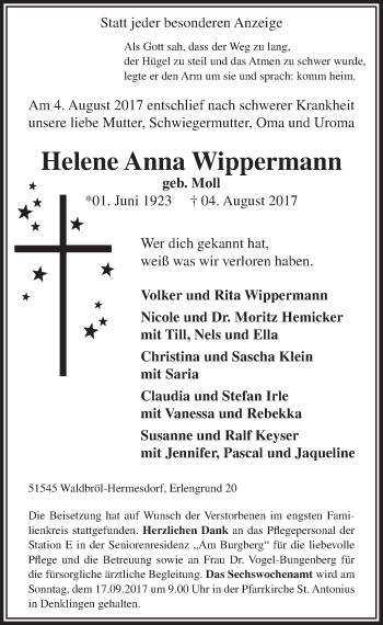 Anzeige von Helene Anna Wippermann von  Lokalanzeiger 