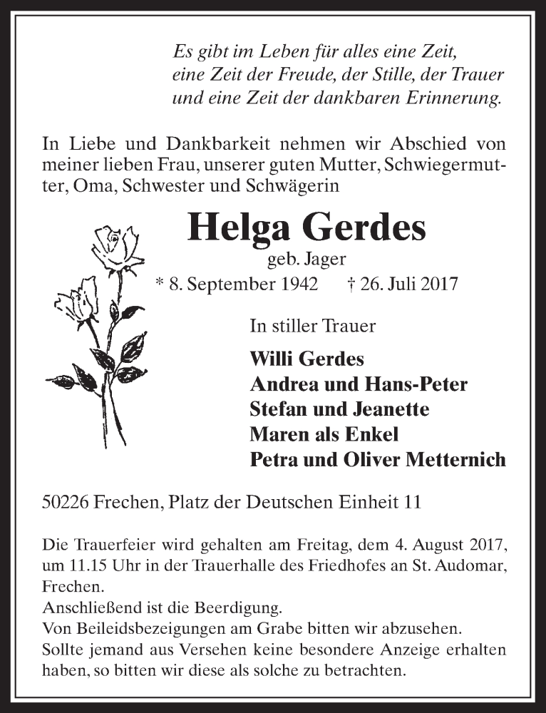 Traueranzeige für Helga Gerdes vom 02.08.2017 aus  Wochenende 