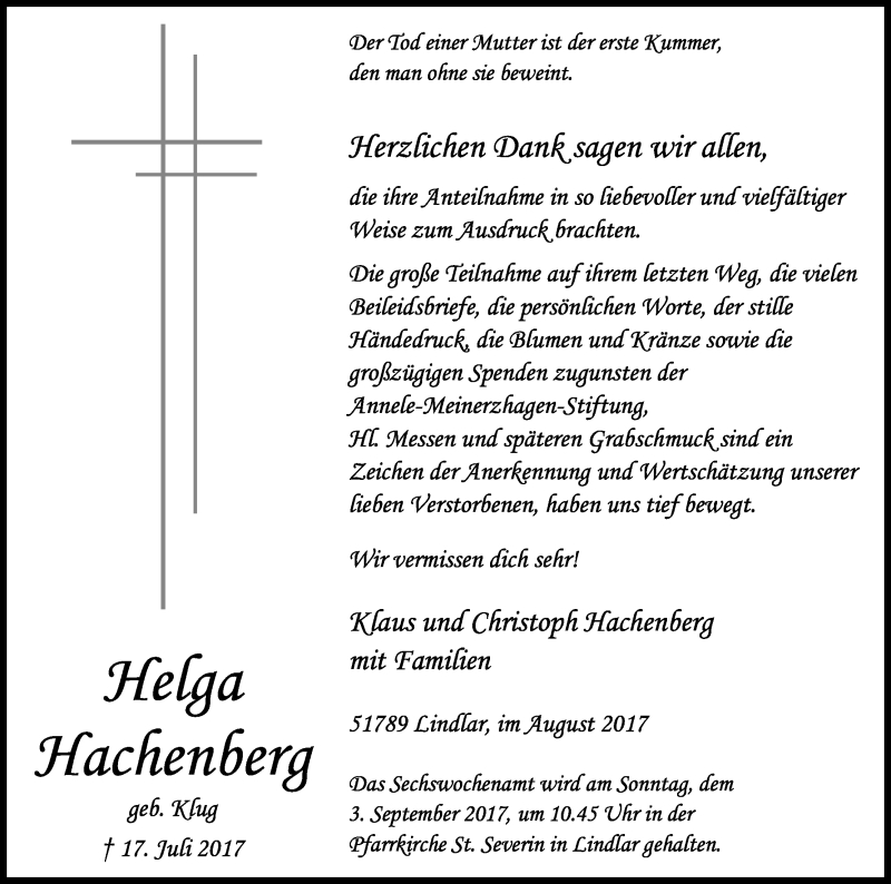  Traueranzeige für Helga Hachenberg vom 26.08.2017 aus Kölner Stadt-Anzeiger / Kölnische Rundschau / Express