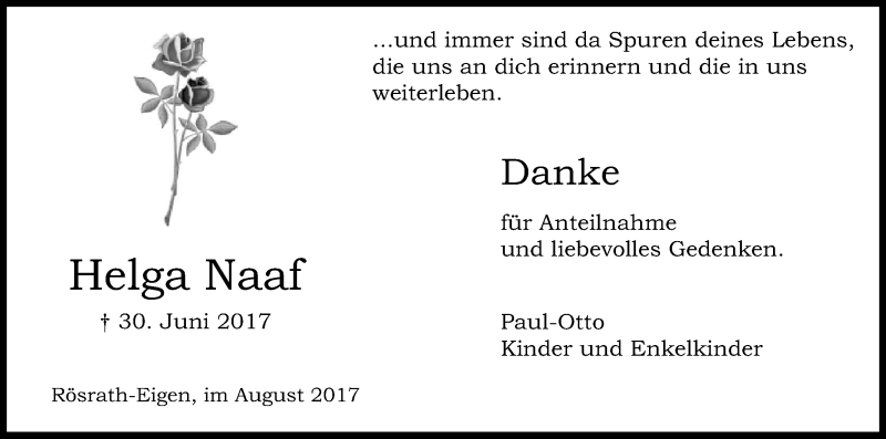  Traueranzeige für Helga Naaf vom 19.08.2017 aus Kölner Stadt-Anzeiger / Kölnische Rundschau / Express
