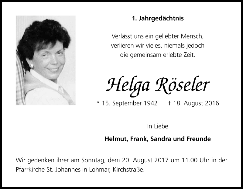  Traueranzeige für Helga Röseler vom 12.08.2017 aus Kölner Stadt-Anzeiger / Kölnische Rundschau / Express