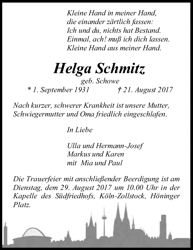  Traueranzeige für Helga Schmitz vom 26.08.2017 aus Kölner Stadt-Anzeiger / Kölnische Rundschau / Express