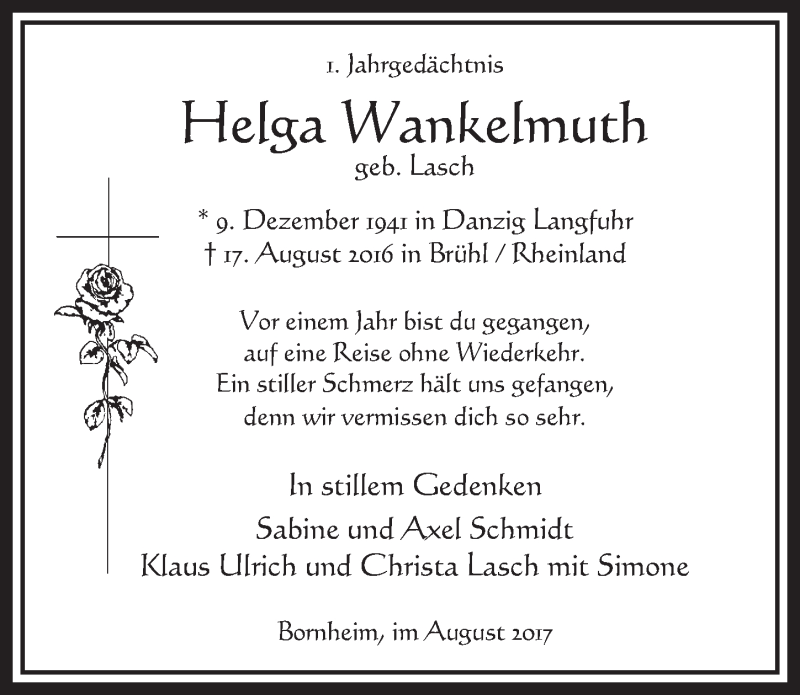  Traueranzeige für Helga Wankelmuth vom 16.08.2017 aus  Schlossbote/Werbekurier 