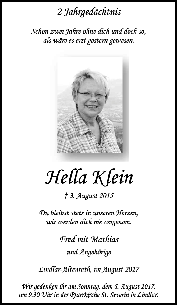  Traueranzeige für Hella Klein vom 05.08.2017 aus Kölner Stadt-Anzeiger / Kölnische Rundschau / Express