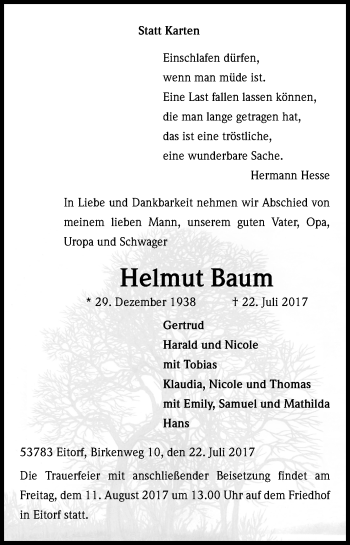 Anzeige von Helmut Baum von Kölner Stadt-Anzeiger / Kölnische Rundschau / Express