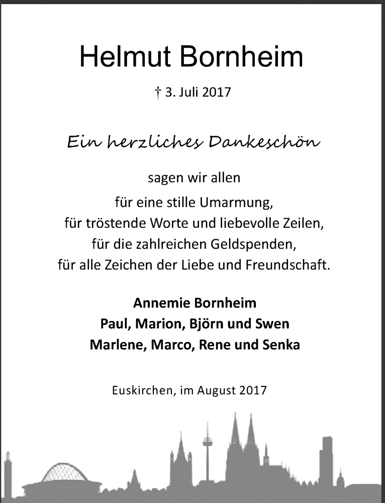  Traueranzeige für Helmut Bornheim vom 19.08.2017 aus  Blickpunkt Euskirchen 