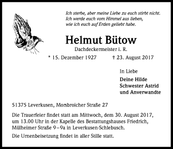 Anzeige von Helmut Bütow von Kölner Stadt-Anzeiger / Kölnische Rundschau / Express