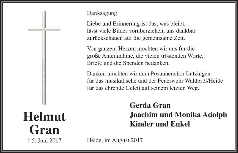  Traueranzeige für Helmut Gran vom 16.08.2017 aus  Lokalanzeiger 