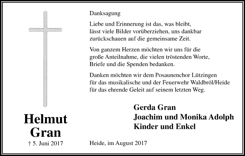  Traueranzeige für Helmut Gran vom 19.08.2017 aus Kölner Stadt-Anzeiger / Kölnische Rundschau / Express