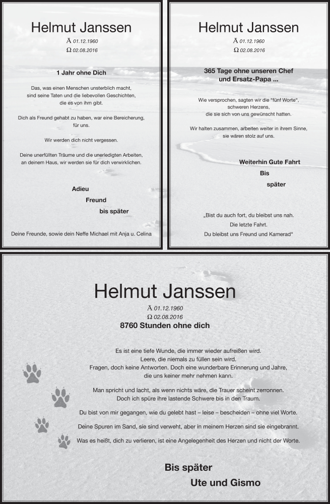  Traueranzeige für Helmut Janssen vom 02.08.2017 aus  Wochenende  Schlossbote/Werbekurier 