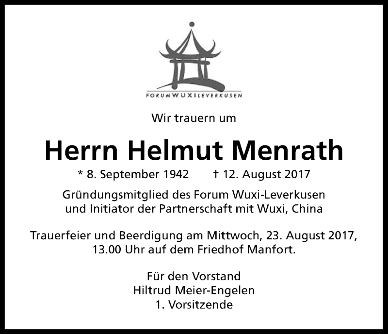  Traueranzeige für Helmut Menrath vom 22.08.2017 aus Kölner Stadt-Anzeiger / Kölnische Rundschau / Express