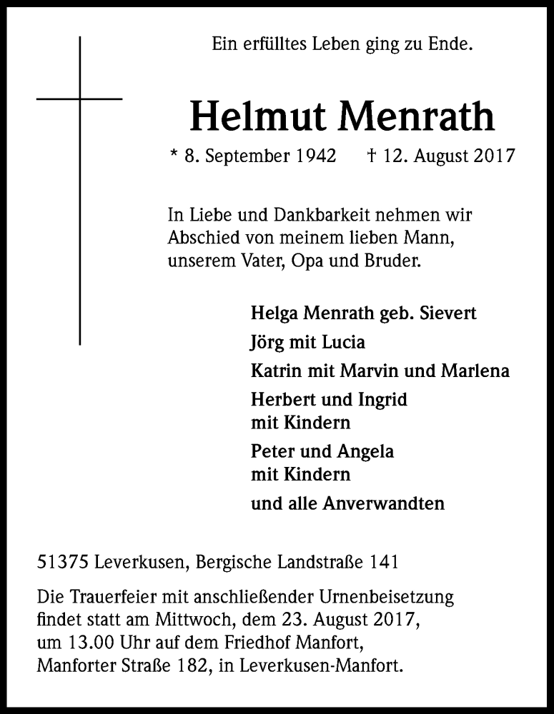  Traueranzeige für Helmut Menrath vom 19.08.2017 aus Kölner Stadt-Anzeiger / Kölnische Rundschau / Express