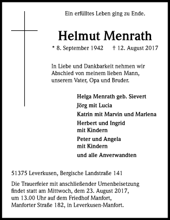 Anzeige von Helmut Menrath von Kölner Stadt-Anzeiger / Kölnische Rundschau / Express
