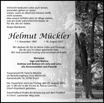 Anzeige von Helmut Mückler von Kölner Stadt-Anzeiger / Kölnische Rundschau / Express