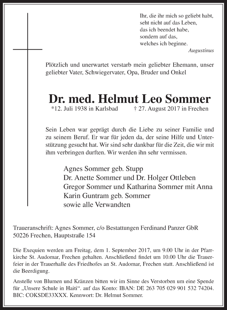  Traueranzeige für Helmut Leo Sommer vom 30.08.2017 aus  Wochenende 