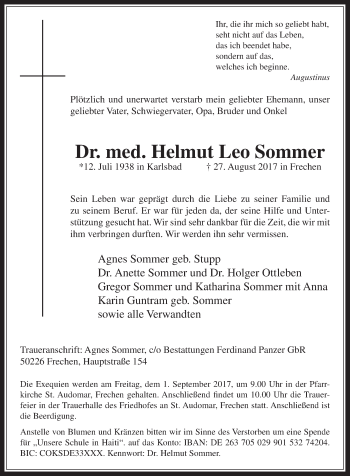 Anzeige von Helmut Leo Sommer von  Wochenende 