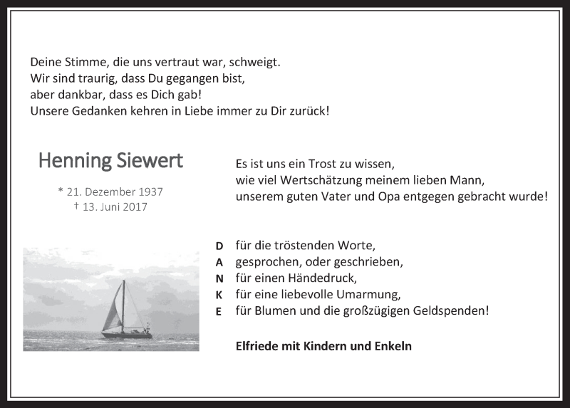 Traueranzeige für Henning Siewert vom 09.08.2017 aus  Werbepost 