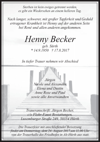 Anzeige von Henny Becker von  Wochenende 