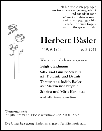 Anzeige von Herbert Bäsler von Kölner Stadt-Anzeiger / Kölnische Rundschau / Express