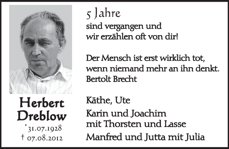  Traueranzeige für Herbert Dreblow vom 02.08.2017 aus  Schlossbote/Werbekurier 