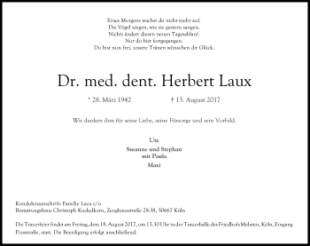 Anzeige von Herbert Laux von Kölner Stadt-Anzeiger / Kölnische Rundschau / Express