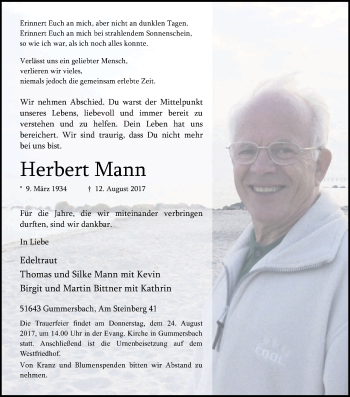 Anzeige von Herbert Mann von Kölner Stadt-Anzeiger / Kölnische Rundschau / Express