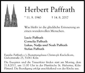 Anzeige von Herbert Paffrath von Kölner Stadt-Anzeiger / Kölnische Rundschau / Express