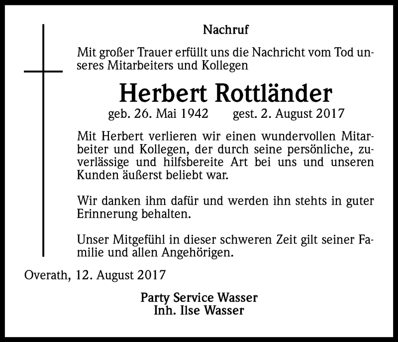  Traueranzeige für Herbert Rottländer vom 12.08.2017 aus Kölner Stadt-Anzeiger / Kölnische Rundschau / Express