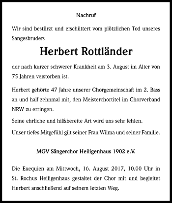 Anzeige von Herbert Rottländer von Kölner Stadt-Anzeiger / Kölnische Rundschau / Express