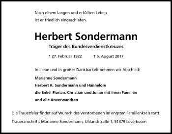 Anzeige von Herbert Sondermann von Kölner Stadt-Anzeiger / Kölnische Rundschau / Express
