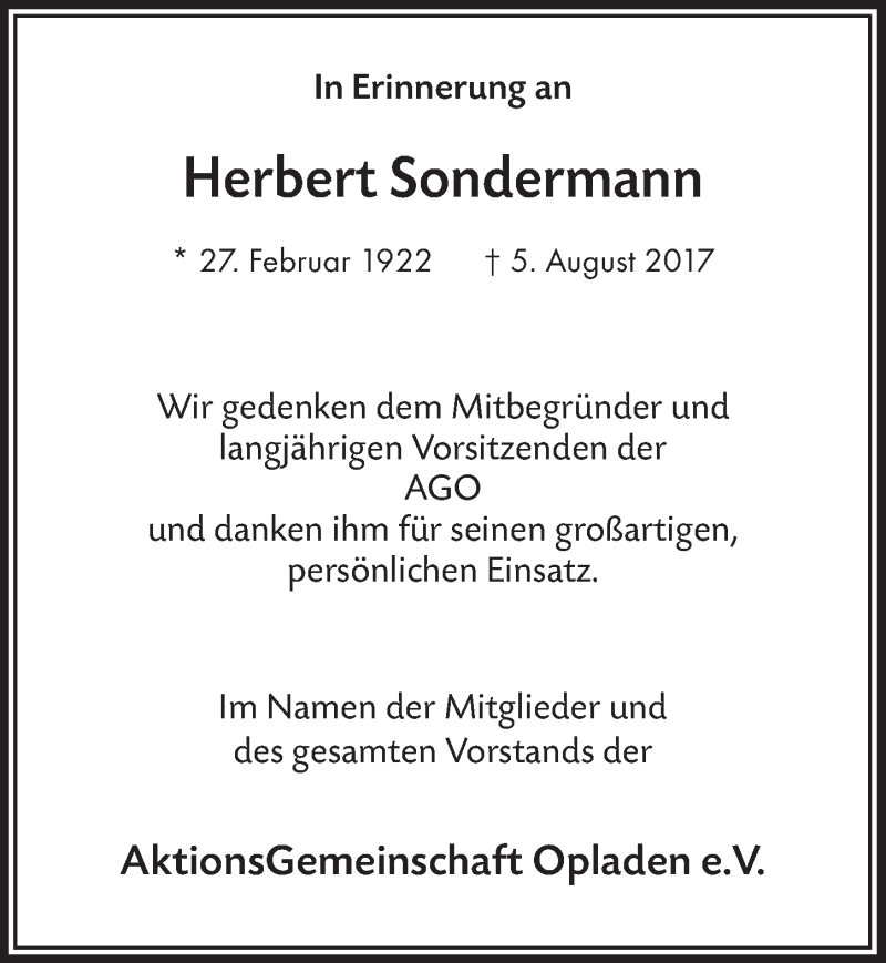  Traueranzeige für Herbert Sondermann vom 23.08.2017 aus  Lokale Informationen 