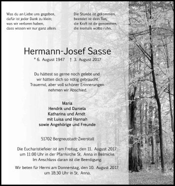 Anzeige von Hermann-Josef Sasse von Kölner Stadt-Anzeiger / Kölnische Rundschau / Express