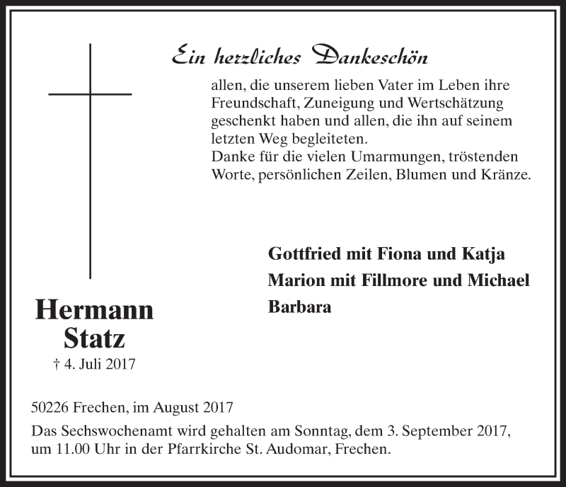  Traueranzeige für Hermann Statz vom 30.08.2017 aus  Wochenende 