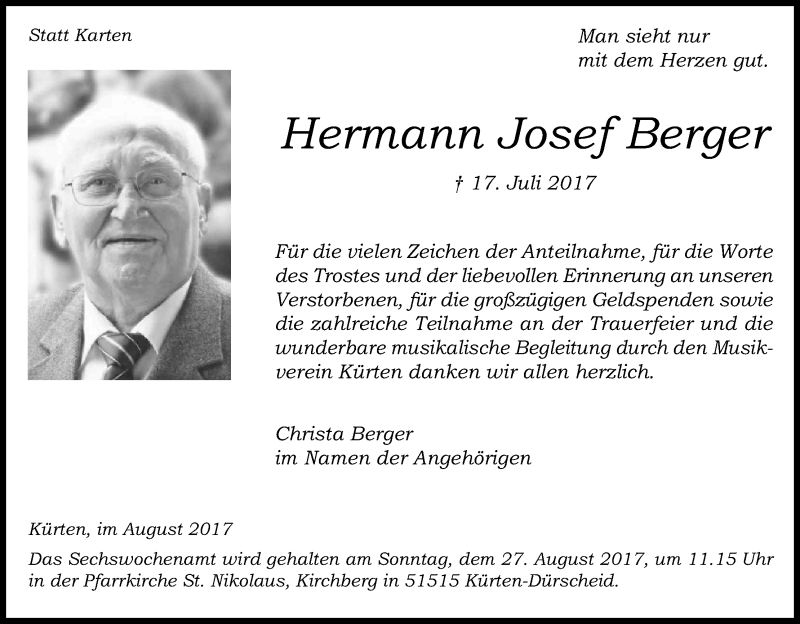  Traueranzeige für Hermann Josef Berger vom 12.08.2017 aus Kölner Stadt-Anzeiger / Kölnische Rundschau / Express
