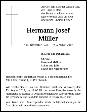 Anzeige von Hermann Josef Müller von Kölner Stadt-Anzeiger / Kölnische Rundschau / Express