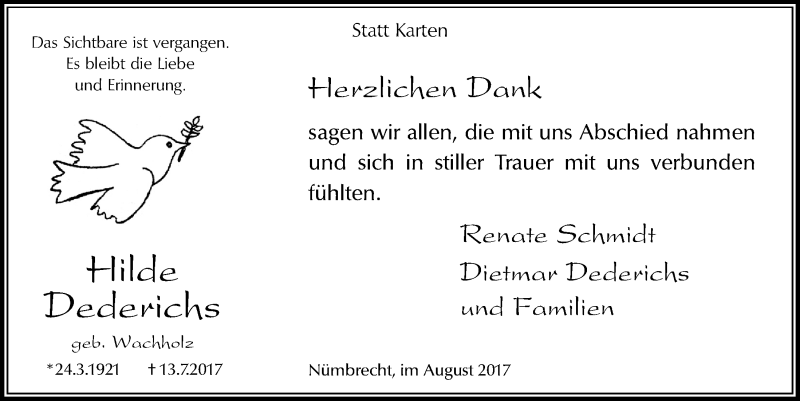  Traueranzeige für Hilde Dederichs vom 30.08.2017 aus  Lokalanzeiger 