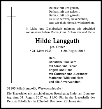 Anzeige von Hilde Langguth von Kölner Stadt-Anzeiger / Kölnische Rundschau / Express