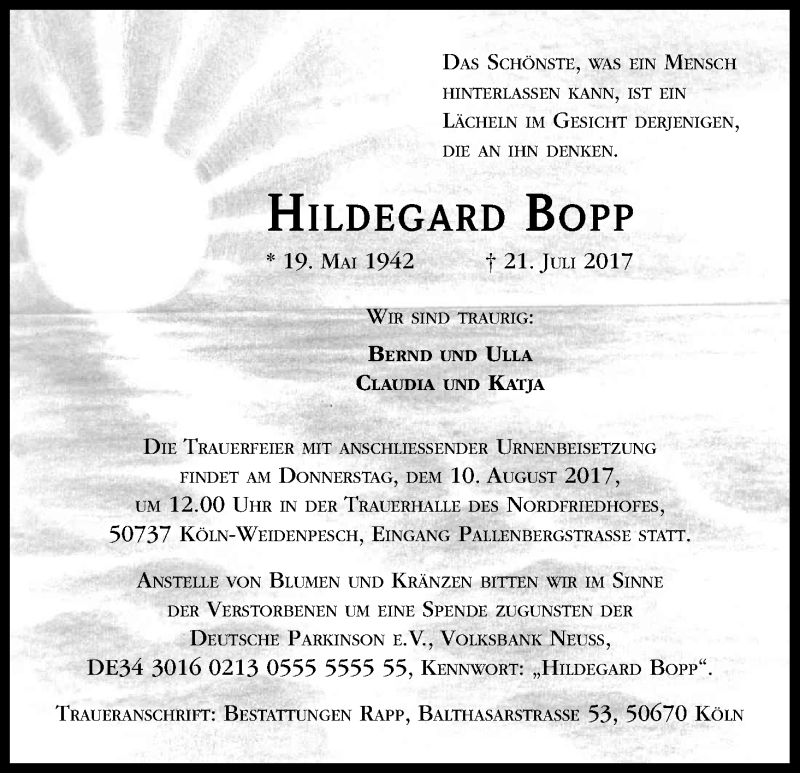  Traueranzeige für Hildegard Bopp vom 02.08.2017 aus Kölner Stadt-Anzeiger / Kölnische Rundschau / Express
