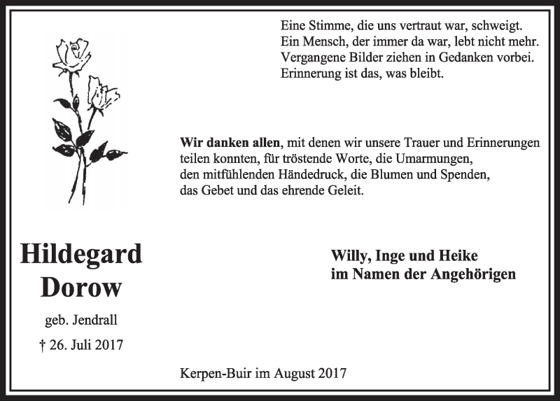  Traueranzeige für Hildegard Dorow vom 26.08.2017 aus  Sonntags-Post 