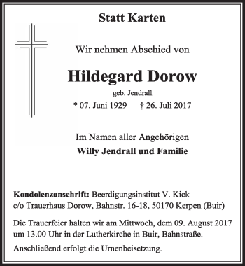 Anzeige von Hildegard Dorow von  Sonntags-Post 