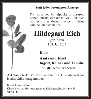 Anzeige von Hildegard Eich von  Wochenende 