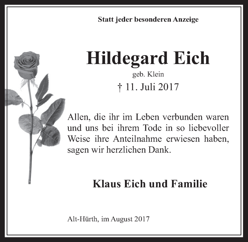  Traueranzeige für Hildegard Eich vom 30.08.2017 aus  Wochenende 