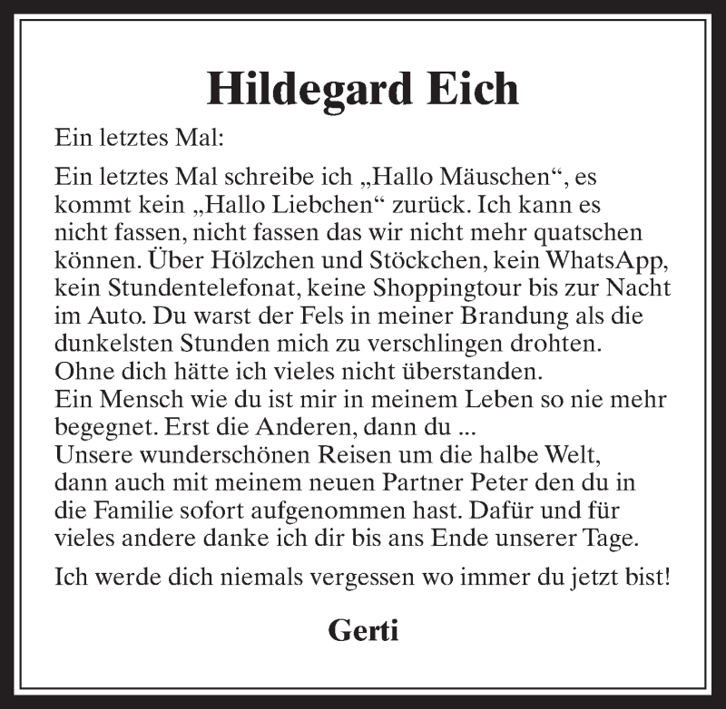  Traueranzeige für Hildegard Eich vom 02.08.2017 aus  Wochenende 